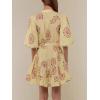 image:imageCHARTOU Floral Cotton Linen Dress Women Summer Puff Sleeve Button Down Wrap Tie Waist Shirt Dress with BeltYellow
