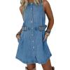image:imageCHARTOU Summer Denim Dress for Women Button Down Sleeveless Cowgirl Mini Jean Dress with BeltBlue