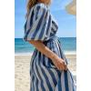 image:imageCHARTOU Women Comfy Stripes Beach Dress Summer Puff Short Sleeve Cotton Linen Long Dress with BeltBlue