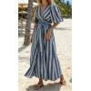 image:imageCHARTOU Women Comfy Stripes Beach Dress Summer Puff Short Sleeve Cotton Linen Long Dress with BeltBlue