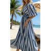 image:imageCHARTOU Women Comfy Stripes Beach Dress Summer Puff Short Sleeve Cotton Linen Long Dress with BeltBlue