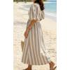 image:imageCHARTOU Women Comfy Stripes Beach Dress Summer Puff Short Sleeve Cotton Linen Long Dress with BeltKhaki