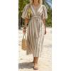 image:imageCHARTOU Women Comfy Stripes Beach Dress Summer Puff Short Sleeve Cotton Linen Long Dress with BeltKhaki