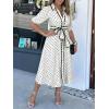 image:imageCHARTOU Women Polka Dot Maxi Dress Lapel Puff Sleeve Button Down Summer Flowy Dress with BeltWhite