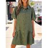 image:imageCHARTOU Women Puff Sleeve Short Denim Dress Loose Lapel Button Down Ruffle Hem Jean Shirt Dress with PocketsGreen