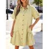 image:imageCHARTOU Women Puff Sleeve Short Denim Dress Loose Lapel Button Down Ruffle Hem Jean Shirt Dress with PocketsKhaki