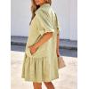 image:imageCHARTOU Women Puff Sleeve Short Denim Dress Loose Lapel Button Down Ruffle Hem Jean Shirt Dress with PocketsKhaki
