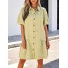 image:imageCHARTOU Women Puff Sleeve Short Denim Dress Loose Lapel Button Down Ruffle Hem Jean Shirt Dress with PocketsKhaki