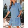 image:imageCHARTOU Women Puff Sleeve Short Denim Dress Loose Lapel Button Down Ruffle Hem Jean Shirt Dress with PocketsLight Blue