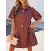 image:imageCHARTOU Women Puff Sleeve Short Denim Dress Loose Lapel Button Down Ruffle Hem Jean Shirt Dress with PocketsWine