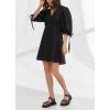 image:imageCHARTOU Women Puff Sleeve Short Dress Cotton Linen V Neck A Line Elastic High Waist Lace Up Vacation DressBlack