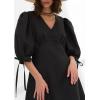 image:imageCHARTOU Women Puff Sleeve Short Dress Cotton Linen V Neck A Line Elastic High Waist Lace Up Vacation DressBlack