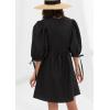 image:imageCHARTOU Women Puff Sleeve Short Dress Cotton Linen V Neck A Line Elastic High Waist Lace Up Vacation DressBlack