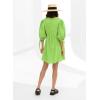 image:imageCHARTOU Women Puff Sleeve Short Dress Cotton Linen V Neck A Line Elastic High Waist Lace Up Vacation DressGreen