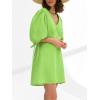 image:imageCHARTOU Women Puff Sleeve Short Dress Cotton Linen V Neck A Line Elastic High Waist Lace Up Vacation DressGreen