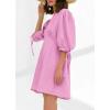 image:imageCHARTOU Women Puff Sleeve Short Dress Cotton Linen V Neck A Line Elastic High Waist Lace Up Vacation DressPink