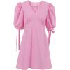 image:imageCHARTOU Women Puff Sleeve Short Dress Cotton Linen V Neck A Line Elastic High Waist Lace Up Vacation DressPink