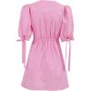 image:imageCHARTOU Women Puff Sleeve Short Dress Cotton Linen V Neck A Line Elastic High Waist Lace Up Vacation DressPink