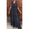 image:imageCHARTOU Women Summer Casual Denim Maxi Dress V Neck Sleeveless Tiered Distressed Jean DressDark