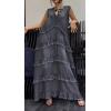 image:imageCHARTOU Women Summer Casual Denim Maxi Dress V Neck Sleeveless Tiered Distressed Jean DressDark