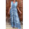 image:imageCHARTOU Women Summer Casual Denim Maxi Dress V Neck Sleeveless Tiered Distressed Jean DressLightblue