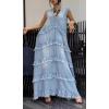 image:imageCHARTOU Women Summer Casual Denim Maxi Dress V Neck Sleeveless Tiered Distressed Jean DressLightblue