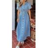 image:imageCHARTOU Women Summer Denim Dress Puff Sleeve Cinched Waist Button Down Long Denim DressBlue