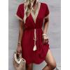 image:imageCHARTOU Women Summer Lace Crochet Knit Chiffon Mini Dress Short Sleeve High Waist A Line DressRed