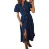 image:imageCHARTOU Womens Denim Maxi Dress Cute Puff Sleeve Button Down Jean Shirt Dress with BeltDark Blue
