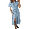 image:imageCHARTOU Womens Denim Maxi Dress Cute Puff Sleeve Button Down Jean Shirt Dress with BeltLight Blue
