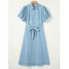 image:imageCHARTOU Womens Denim Maxi Dress Cute Puff Sleeve Button Down Jean Shirt Dress with BeltLight Blue