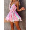 image:imageCHARTOU Womens Sexy v Neck Backless Multicolored Stripes Ruched Ruffled ALine Mini DressRose