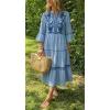 image:imageCHARTOU Womens Summer Floral Embroidery Boho Midi Dress 34 Ruffle Sleeves V Neck Casual Beach Dress with PocketsBlue