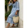 image:imageCHARTOU Womens Summer Floral Embroidery Boho Midi Dress 34 Ruffle Sleeves V Neck Casual Beach Dress with PocketsBlue