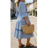 image:imageCHARTOU Womens Summer Floral Embroidery Boho Midi Dress 34 Ruffle Sleeves V Neck Casual Beach Dress with PocketsBlue