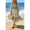 image:imageCHARTOU Womens Summer Floral Embroidery Boho Midi Dress 34 Ruffle Sleeves V Neck Casual Beach Dress with PocketsGreen