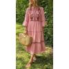 image:imageCHARTOU Womens Summer Floral Embroidery Boho Midi Dress 34 Ruffle Sleeves V Neck Casual Beach Dress with PocketsPink