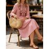 image:imageCHARTOU Womens Summer Floral Embroidery Boho Midi Dress 34 Ruffle Sleeves V Neck Casual Beach Dress with PocketsPink