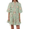image:imageCHARTOU Floral Cotton Linen Dress Women Summer Puff Sleeve Button Down Wrap Tie Waist Shirt Dress with BeltGreen