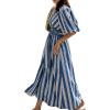 image:imageCHARTOU Women Comfy Stripes Beach Dress Summer Puff Short Sleeve Cotton Linen Long Dress with BeltBlue