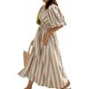image:imageCHARTOU Women Comfy Stripes Beach Dress Summer Puff Short Sleeve Cotton Linen Long Dress with BeltKhaki
