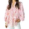 image:imageCHARTOU Women Floral Boho Chiffon Shirt V Neck Balloon Long Sleeve Shirred Tunic Top BlousesPink