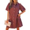 image:imageCHARTOU Women Puff Sleeve Short Denim Dress Loose Lapel Button Down Ruffle Hem Jean Shirt Dress with PocketsWine
