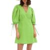 image:imageCHARTOU Women Puff Sleeve Short Dress Cotton Linen V Neck A Line Elastic High Waist Lace Up Vacation DressGreen