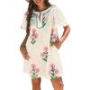 image:imageCHARTOU Women Summer Boho Floral Dress Short Puff Sleeve V Neck Trim Loose Mini Dress Casual Beach SundressBeige