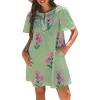 image:imageCHARTOU Women Summer Boho Floral Dress Short Puff Sleeve V Neck Trim Loose Mini Dress Casual Beach SundressGreen