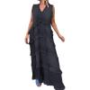 image:imageCHARTOU Women Summer Casual Denim Maxi Dress V Neck Sleeveless Tiered Distressed Jean DressDark