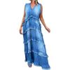 image:imageCHARTOU Women Summer Casual Denim Maxi Dress V Neck Sleeveless Tiered Distressed Jean DressDarkblue