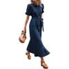 image:imageCHARTOU Womens Denim Maxi Dress Cute Puff Sleeve Button Down Jean Shirt Dress with BeltDark Blue