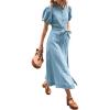 image:imageCHARTOU Womens Denim Maxi Dress Cute Puff Sleeve Button Down Jean Shirt Dress with BeltLight Blue